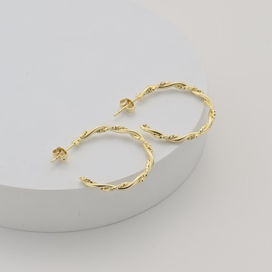 Gold Plated 30mm Twisted Diamond Cut Hoop Earrings Video