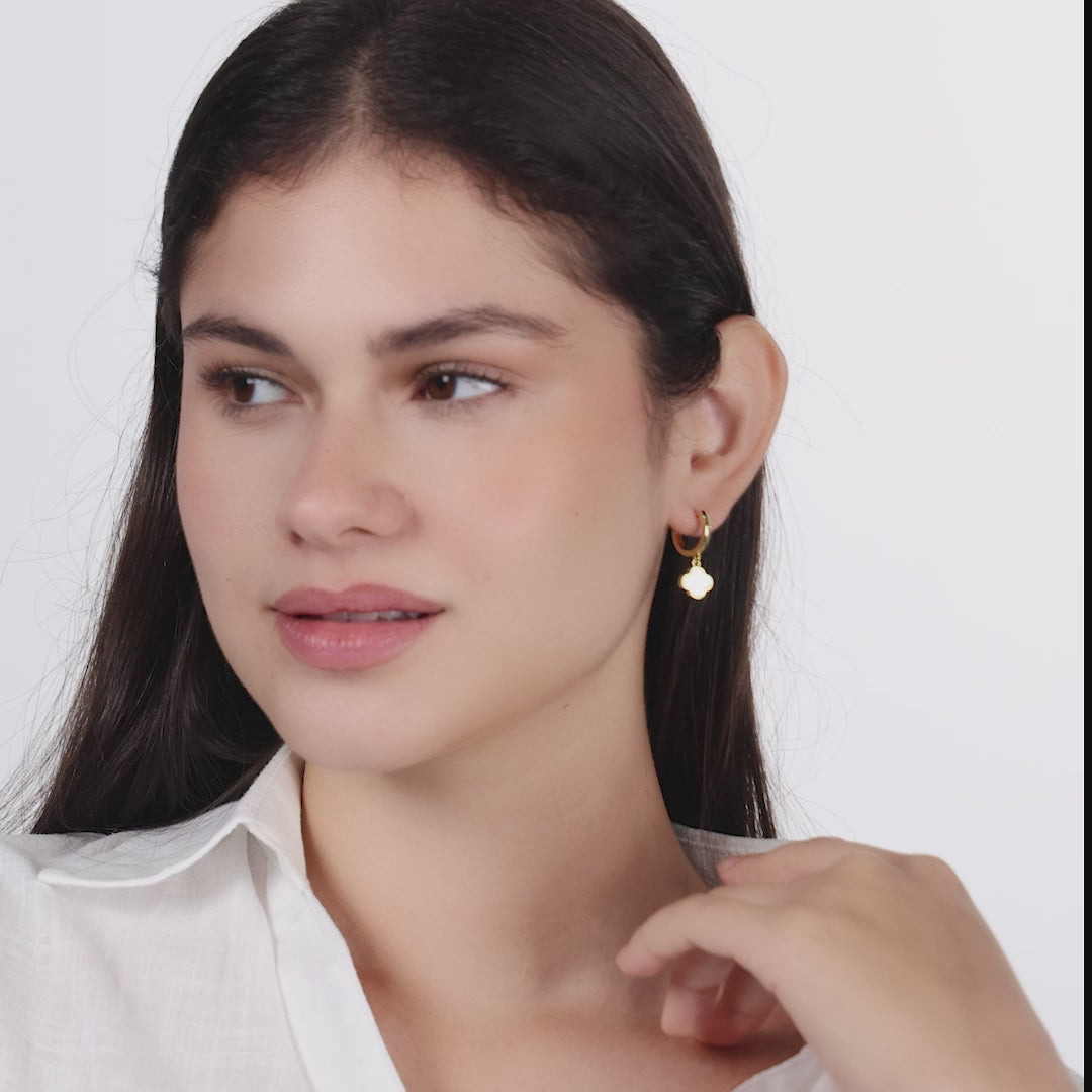 18k Gold Plated Mother of Pearl Gemstone Clover Charm Hoop Earrings