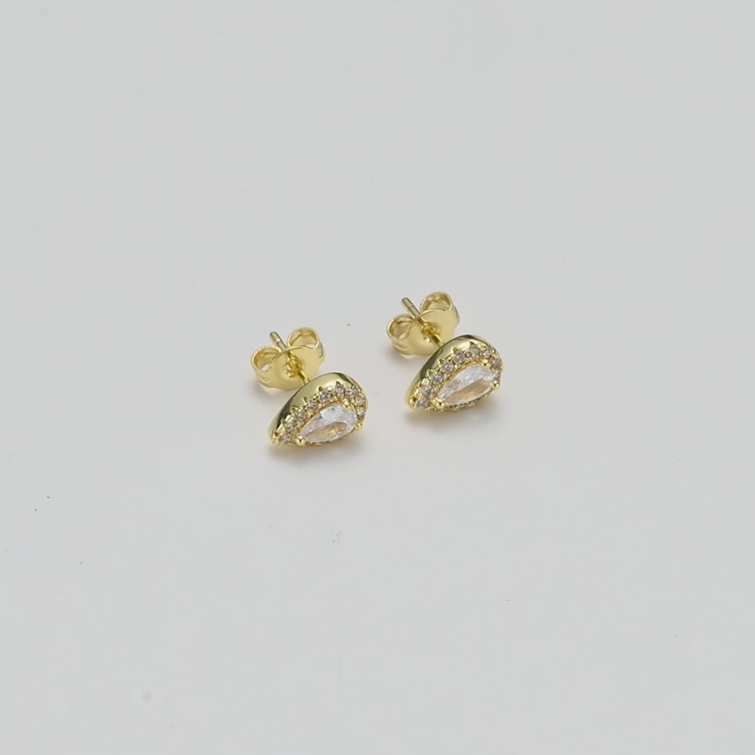 Gold Plated Pear Halo Earrings Created with Zircondia® Crystals Video