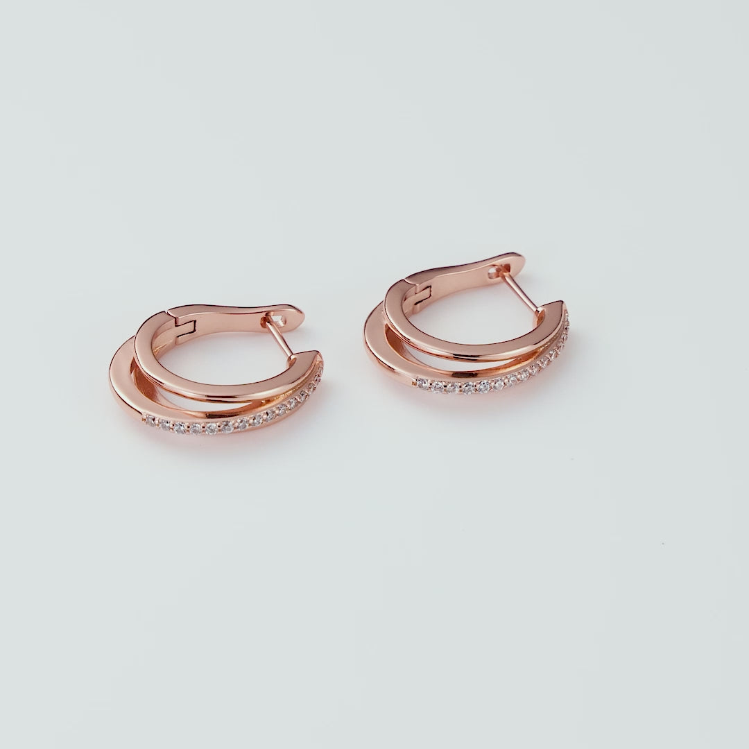 Rose Gold Plated Triple Illusion Hoop Earrings Created with Zircondia® Crystals