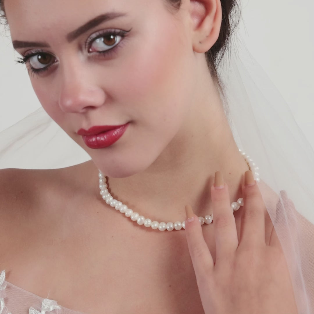 Sterling Silver White Freshwater Pearl Bridal Strand Choker Necklace