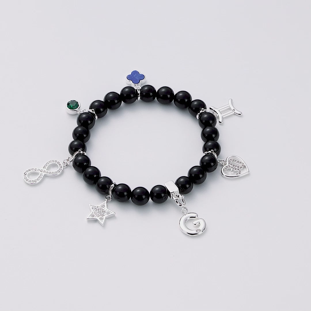 Black Onyx Gemstone Stretch Bracelet with Option of Charms
