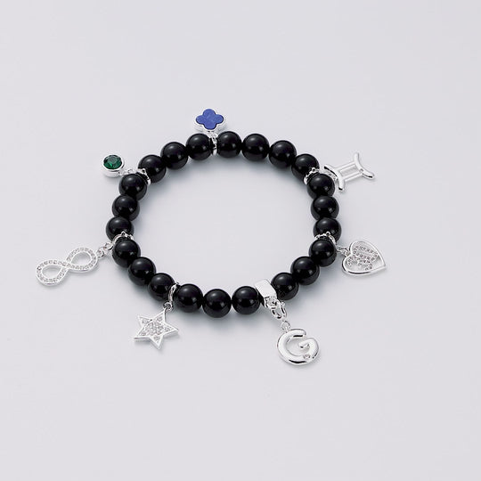 Black Onyx Gemstone Stretch Bracelet with Option of Charms