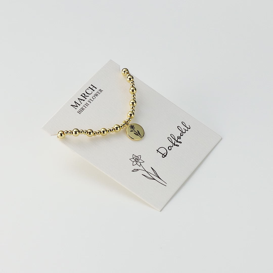 18k Gold Plated March Birth Flower Daffodil Beaded Stretch Bracelet with Card
