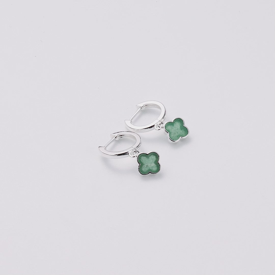 Green Aventurine Gemstone Clover Charm Hoop Earrings
