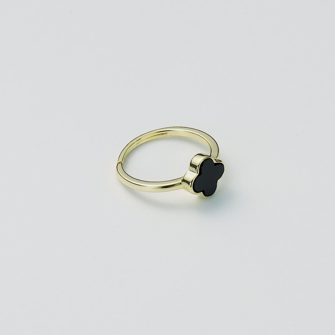 Gold Plated Black Onyx Gemstone Adjustable Clover Ring