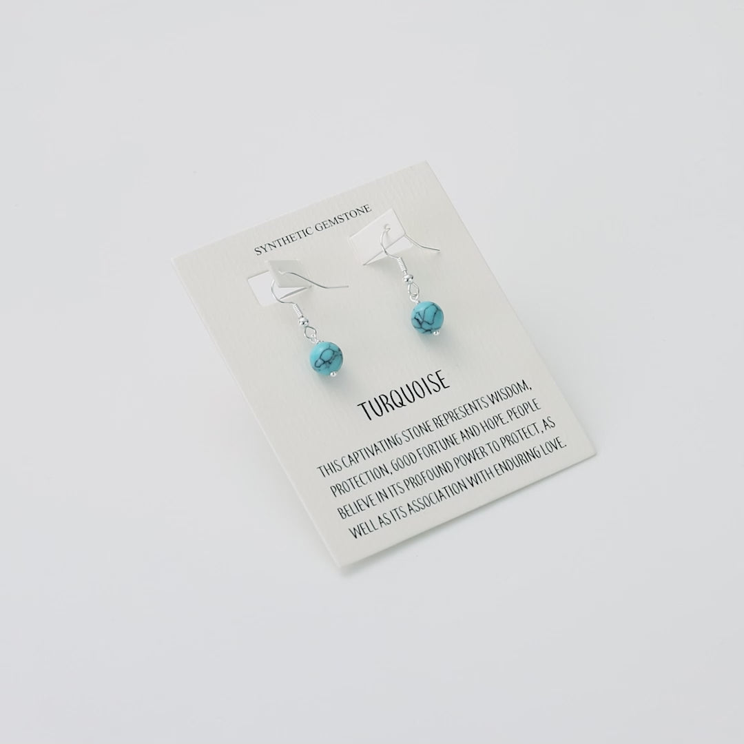 Synthetic Turquoise Gemstone Round Drop Earrings with Quote Card