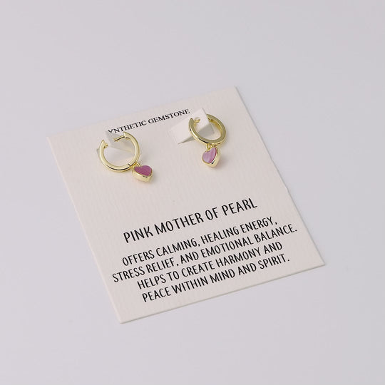 18k Gold Plated Pink Mother of Pearl Gemstone Heart Charm Hoop Earrings with Quote Card
