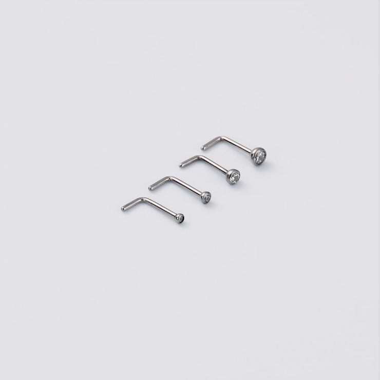 thumbnail image 2 of Surgical Steel Nose Stud – Beaded Ball Edge With Clear CZ Center – L-Shaped, 20G 2 of 2
