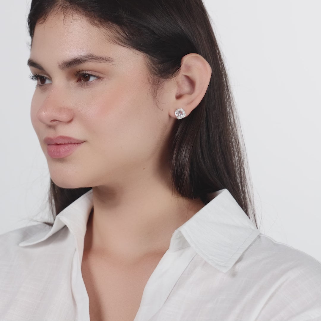 Silver Plated Square Halo Earrings Created with Zircondia® Crystals