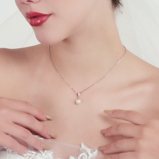 Rose Gold Plated Pearl Drop Bridal Necklace Created with Zircondia® Crystals