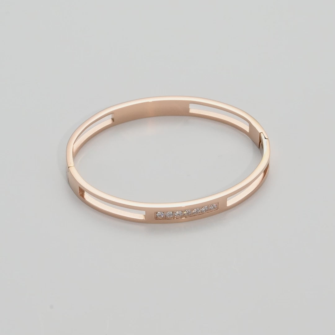 Rose Gold Plated Stainless Steel Channel Bangle Created with Zircondia® Crystals Video