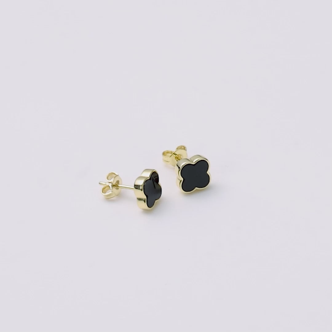 Gold Plated Black Onyx Gemstone Clover Earrings