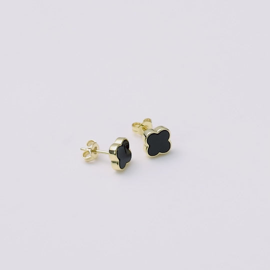 Gold Plated Black Onyx Gemstone Clover Earrings
