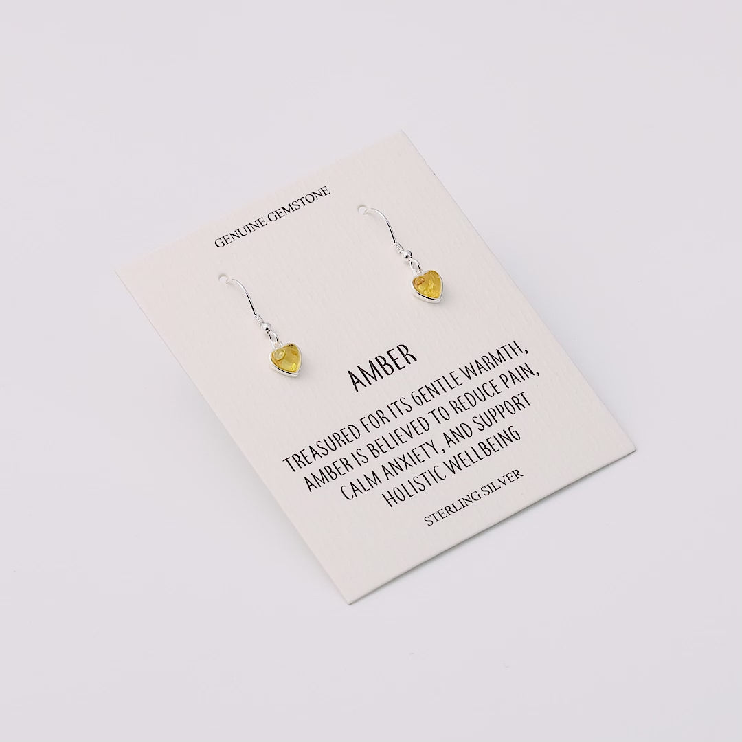 Sterling Silver Amber Heart Drop Earrings with Quote Card