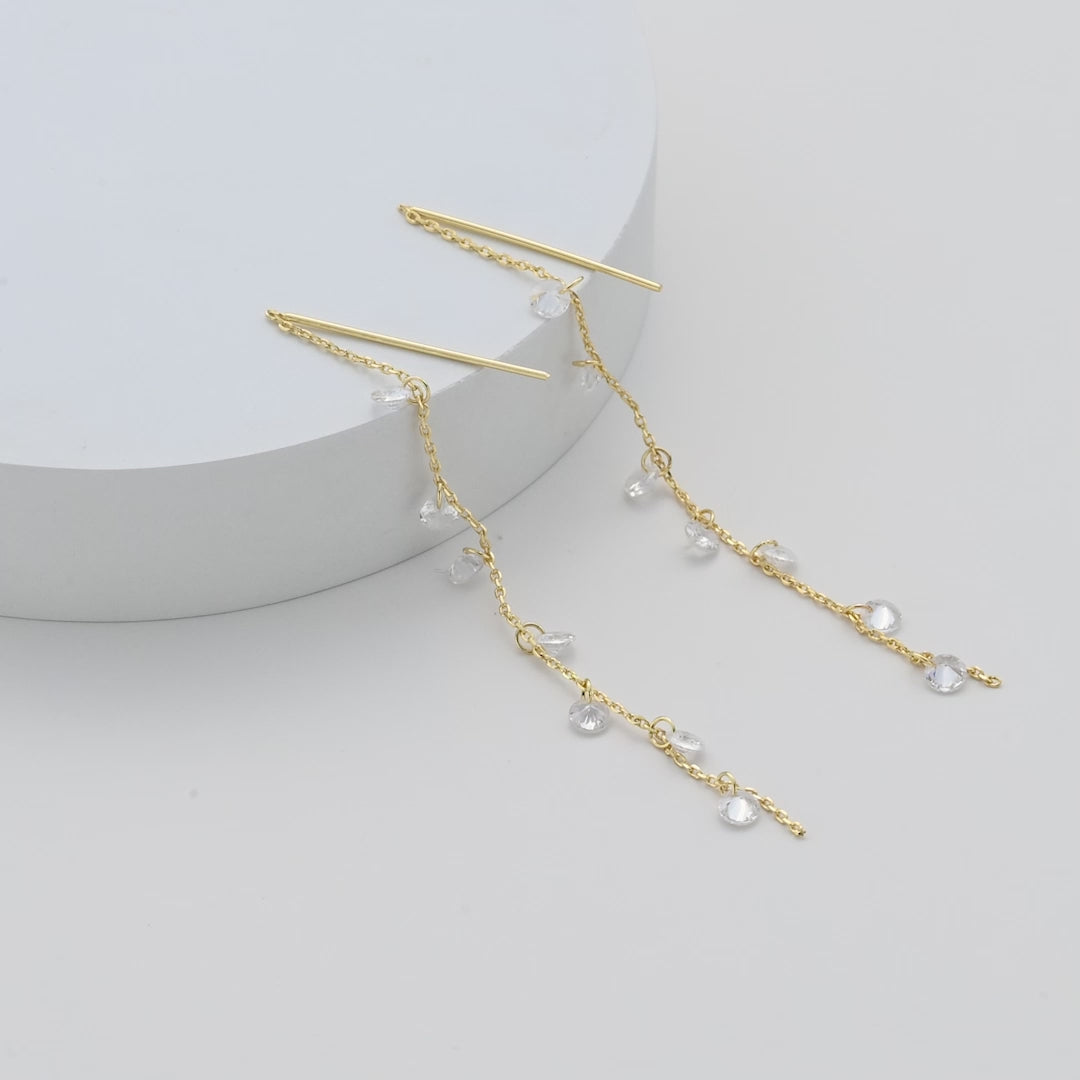 Gold Plated Dangle Thread Earrings Created with Zircondia® Crystals Video