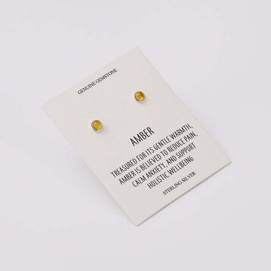 Sterling Silver Round Amber Stud Earrings with Quote Card
