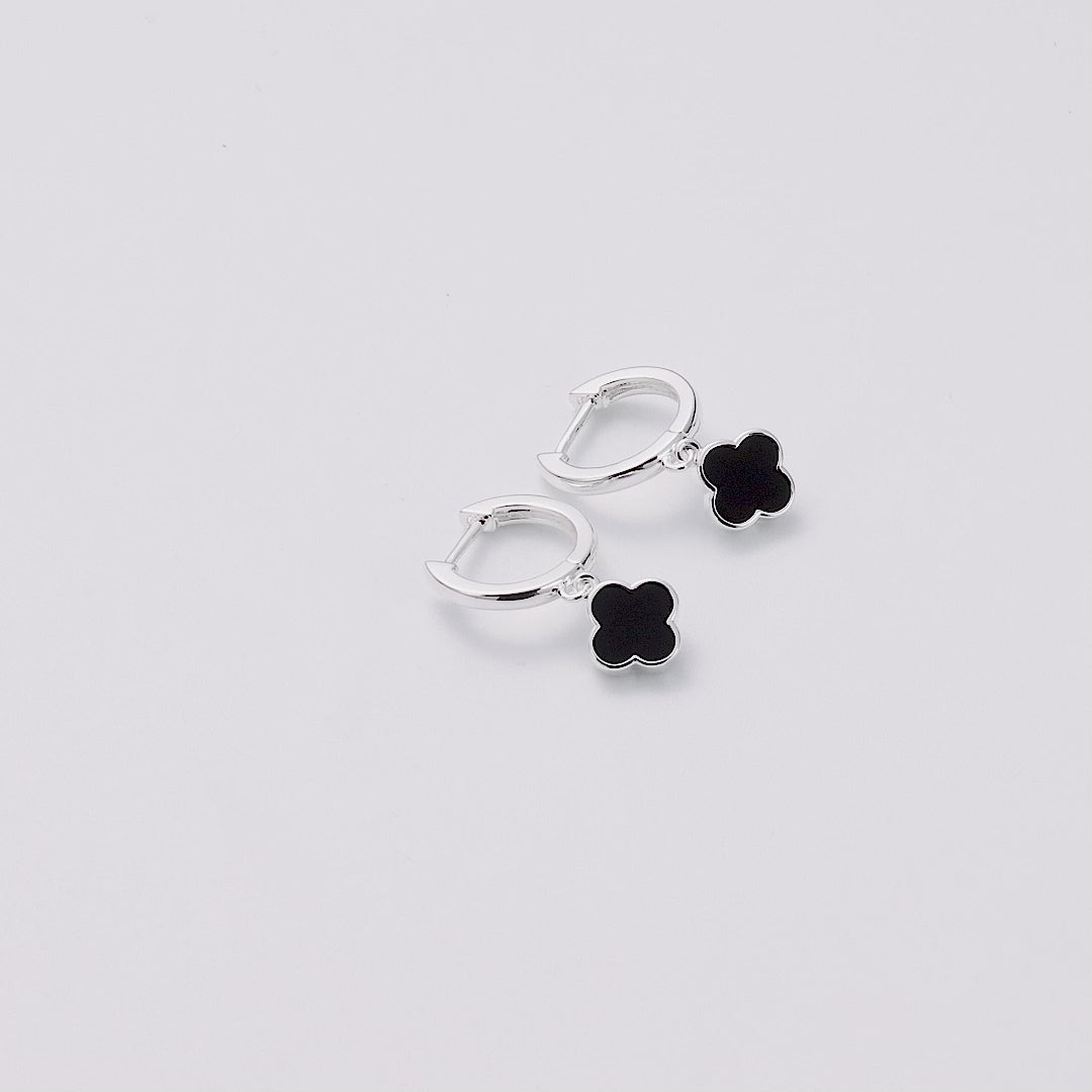 Black Onyx Gemstone Clover Charm Hoop Earrings