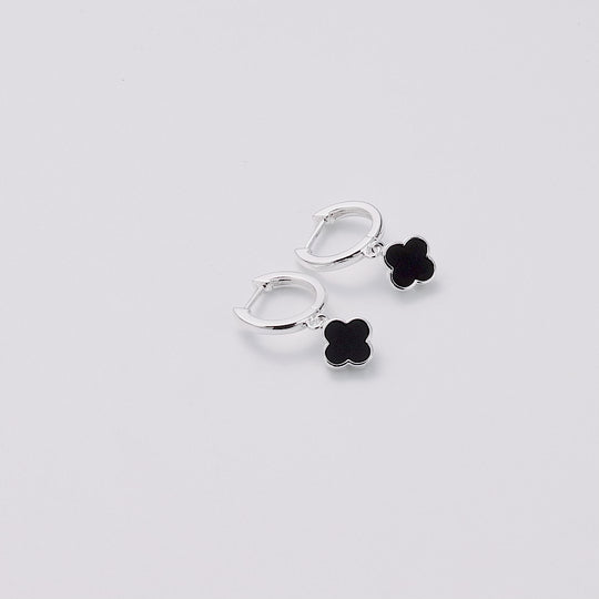 Black Onyx Gemstone Clover Charm Hoop Earrings