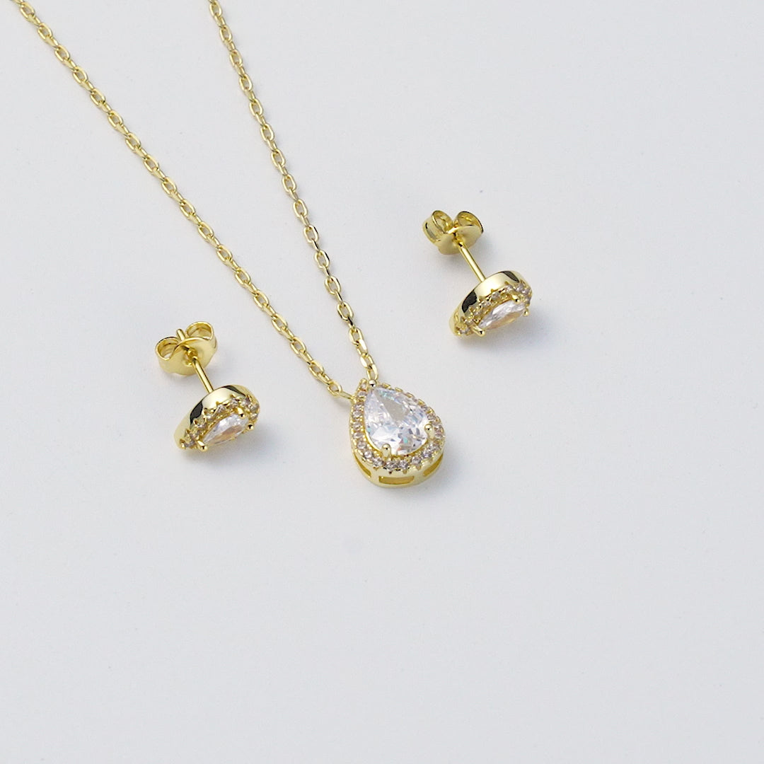 18k Gold Plated Pear Halo Set Created with Zircondia® Crystals