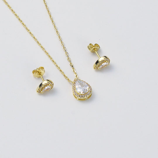 18k Gold Plated Pear Halo Set Created with Zircondia® Crystals