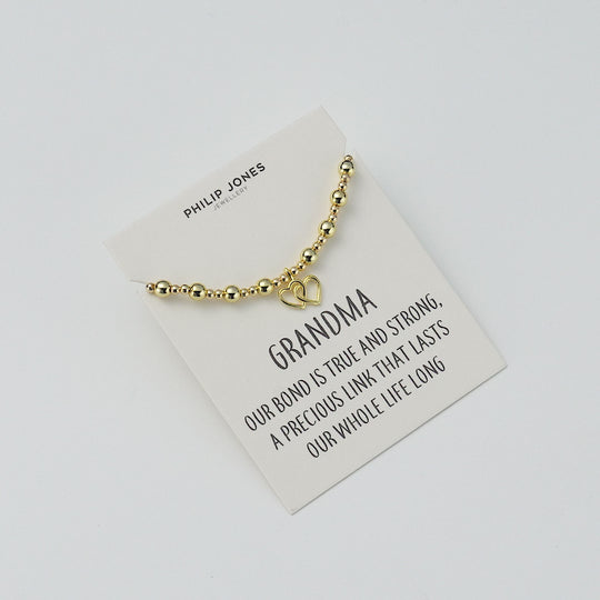 18k Gold Plated Grandma Heart Link Beaded Stretch Bracelet with Quote Card