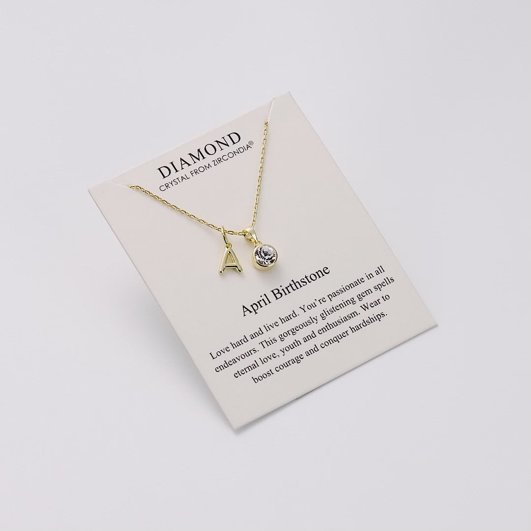 Customisable Gold Plated April (Diamond) Birthstone Necklace with Option of Initial Charms (A-Z)