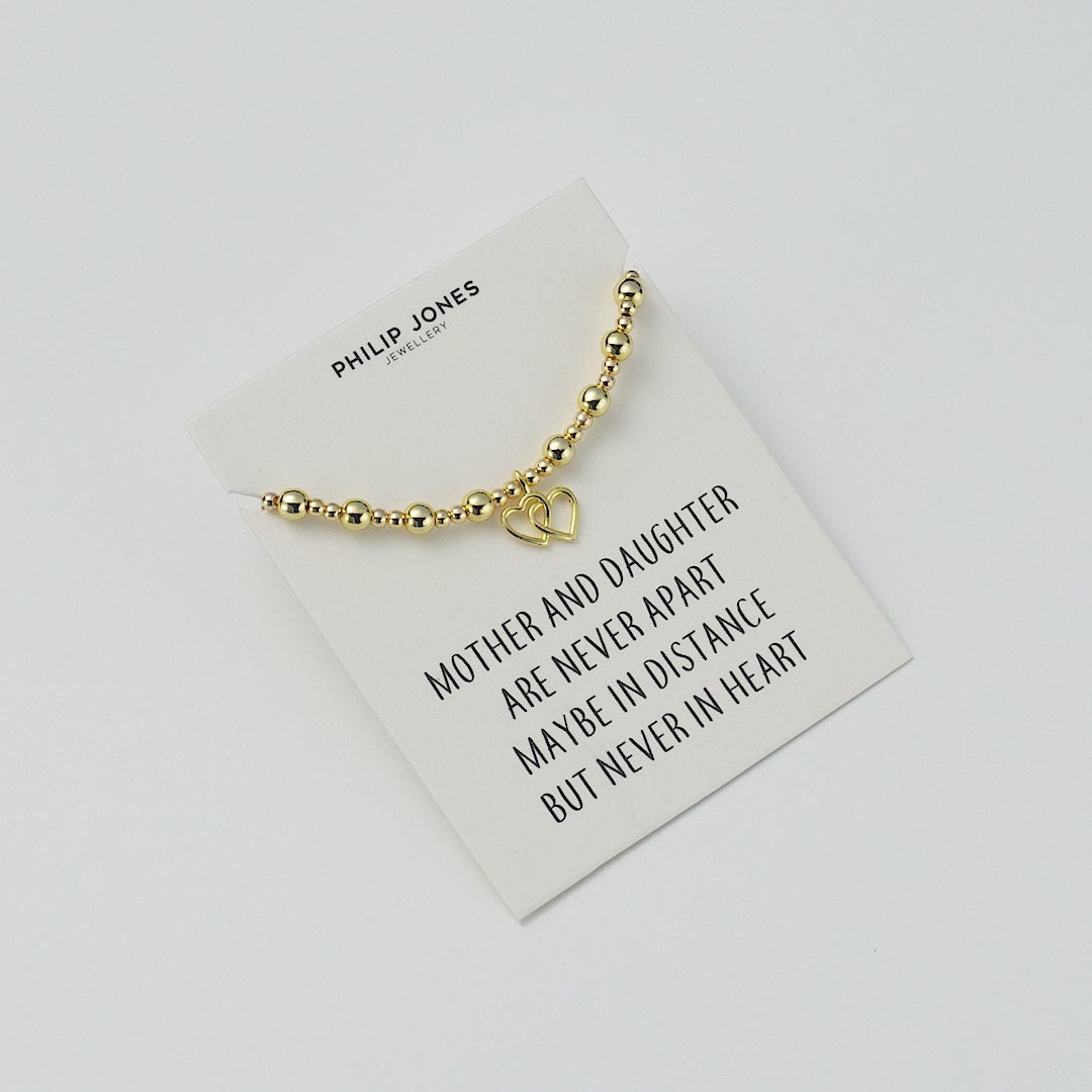 18k Gold plated Heart Link Beaded Stretch Mother and Daughter Bracelet with Quote Card