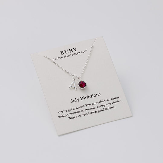 Customisable July (Ruby) Birthstone Necklace with Option of Initial Charms (A-Z)