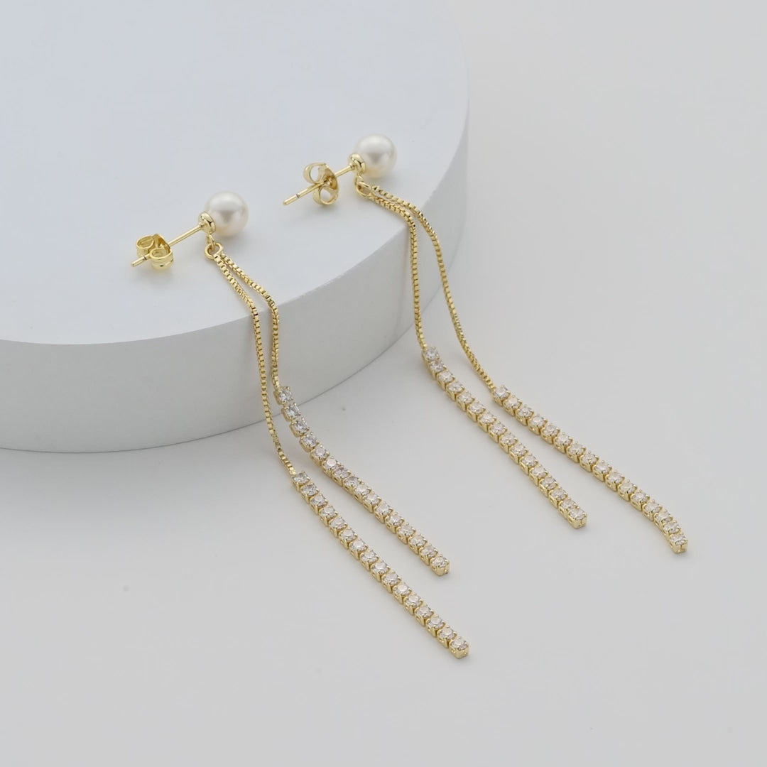 Gold Plated Pearl Dangle Earrings Created with Zircondia® Crystals Video