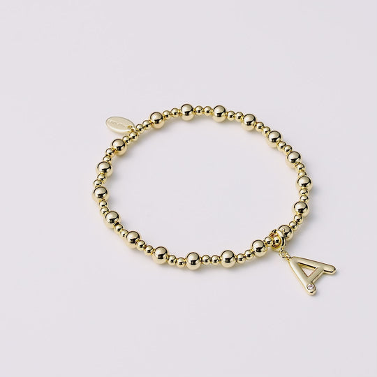 Customisable 18k Gold Plated Beaded Stretch Bracelet (A-Z) with Option of Initial Charm Video