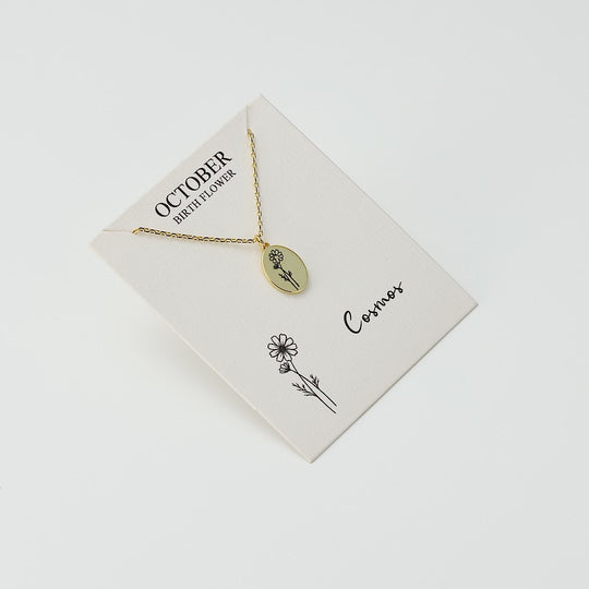 18k Gold Plated October Birth Flower Cosmos Necklace with Card