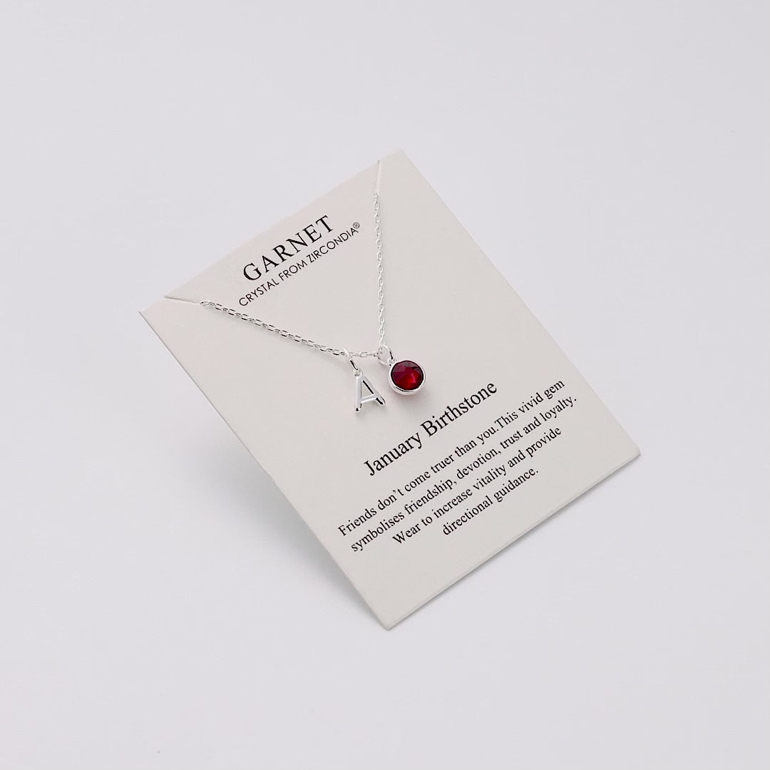 Customisable January (Garnet) Birthstone Necklace with Option of Initial Charms (A-Z)