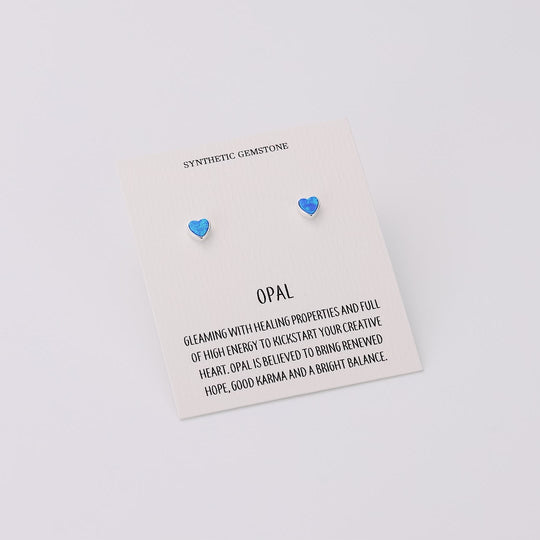 Synthetic Blue Opal Heart Stud Earrings with Quote Card