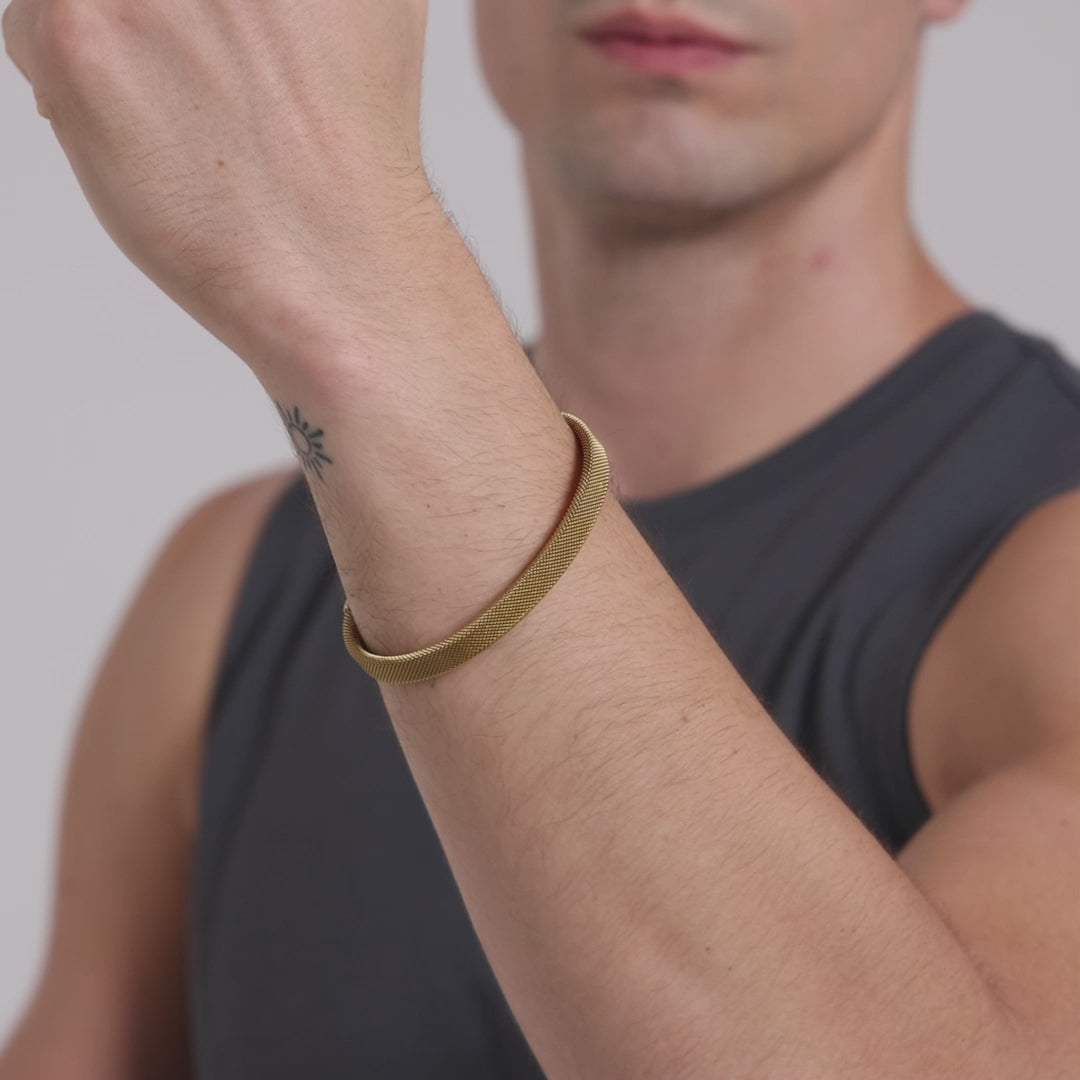 Men's Gold Plated Stainless Steel Mesh Cuff Bracelet Video