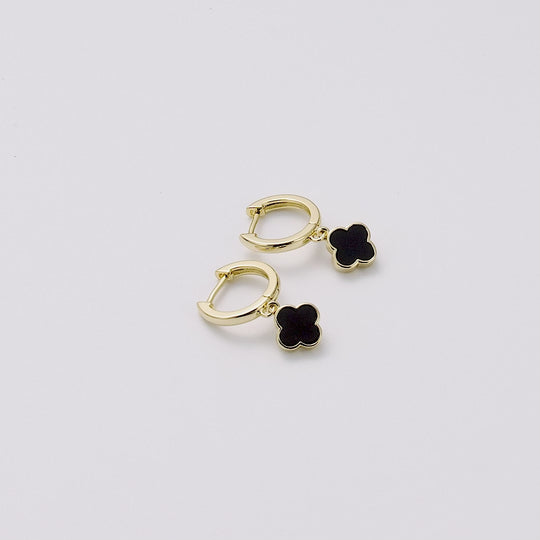 Gold Plated Black Onyx Gemstone Clover Charm Hoop Earrings