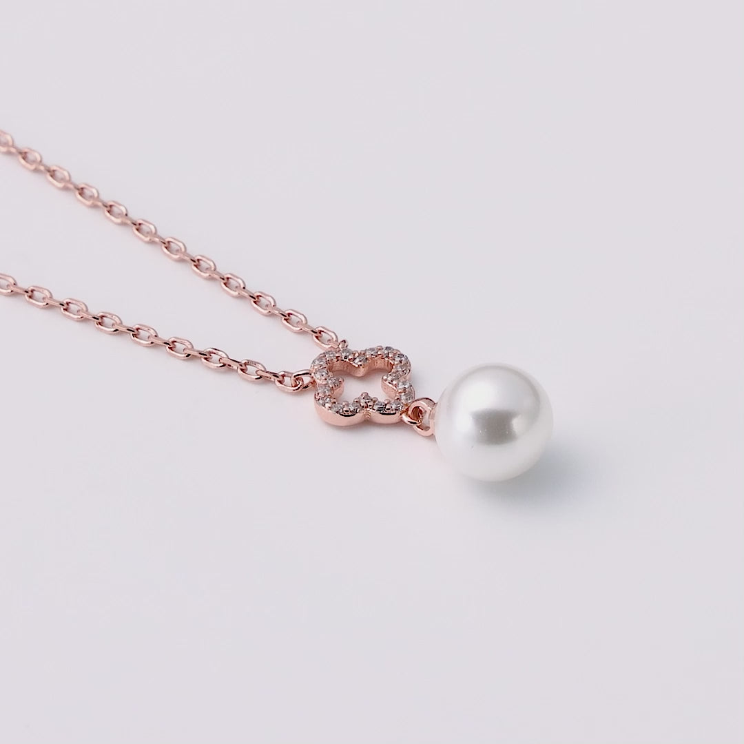 Rose Gold Plated Clover Pearl Drop Necklace Created with Zircondia® Crystals