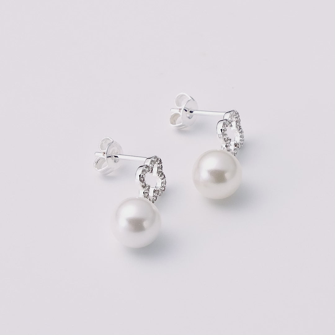 Silver Plated Clover Pearl Drop Earrings Created with Zircondia® Crystals