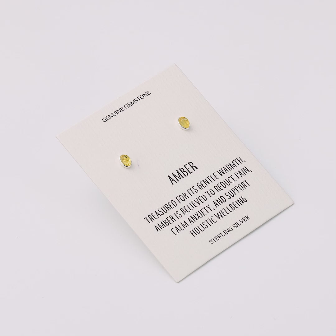 Sterling Silver Amber Oval Stud Earrings with Quote Card