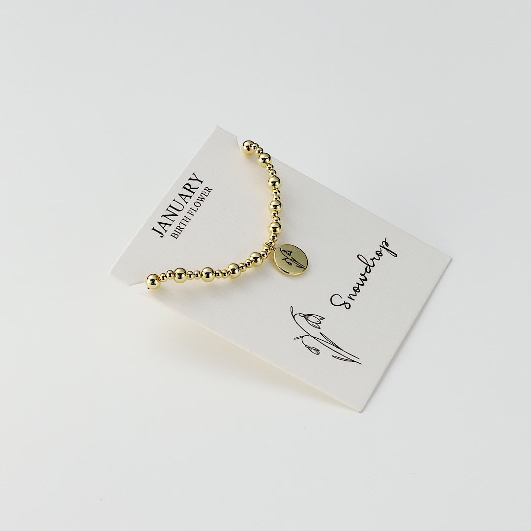 18k Gold Plated January Birth Flower Snowdrop Beaded Stretch Bracelet with Card