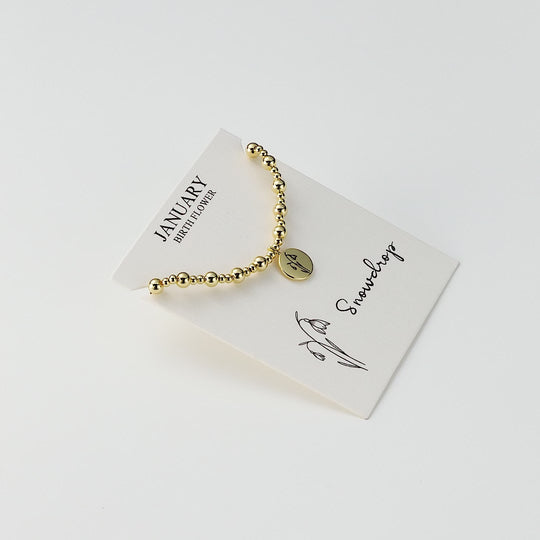 18k Gold Plated January Birth Flower Snowdrop Beaded Stretch Bracelet with Card