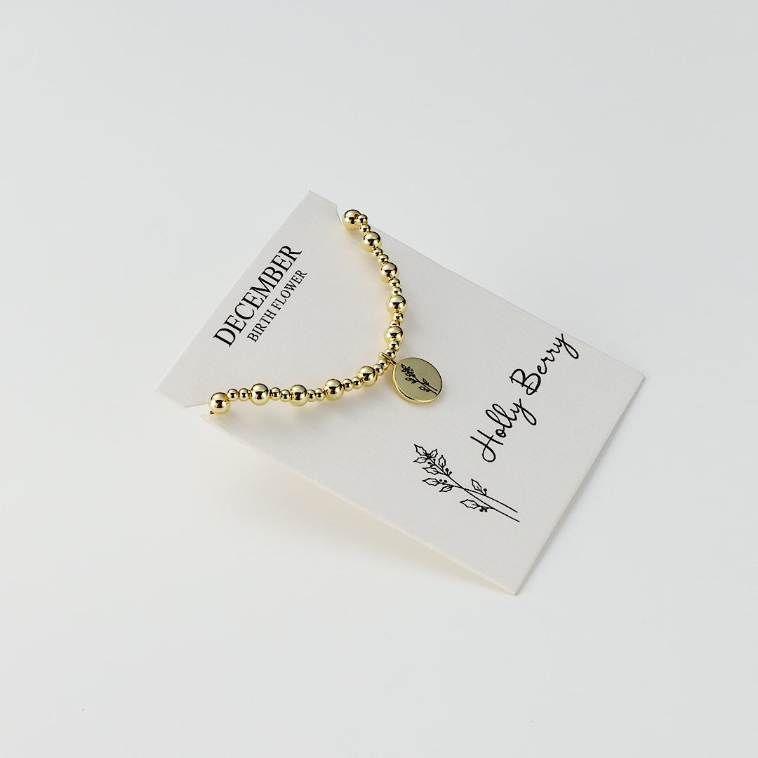 18k Gold Plated December Birth Flower Holly Berry Beaded Stretch Bracelet with Card