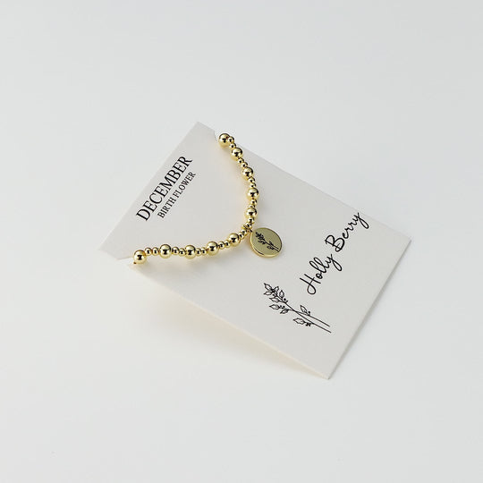 18k Gold Plated December Birth Flower Holly Berry Beaded Stretch Bracelet with Card