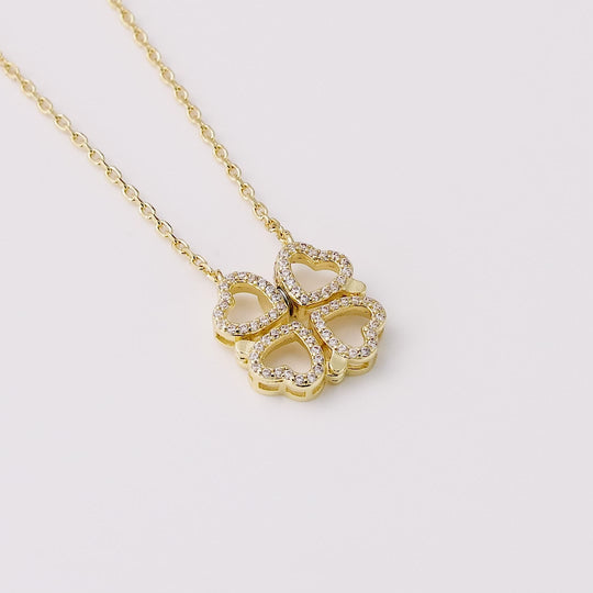 18k Gold Plated 2 in 1 Four Leaf Clover Heart Charm Necklace Created with Zircondia® Crystals