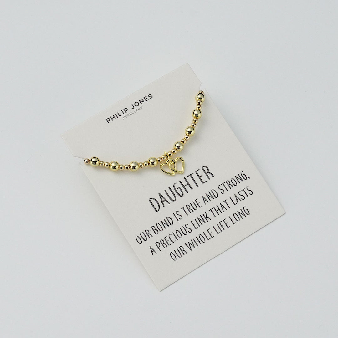 18k Gold Plated Daughter Heart Link Beaded Stretch Bracelet with Quote Card