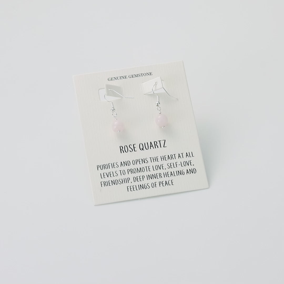 Rose Quartz Gemstone Round Drop Earrings with Quote Card