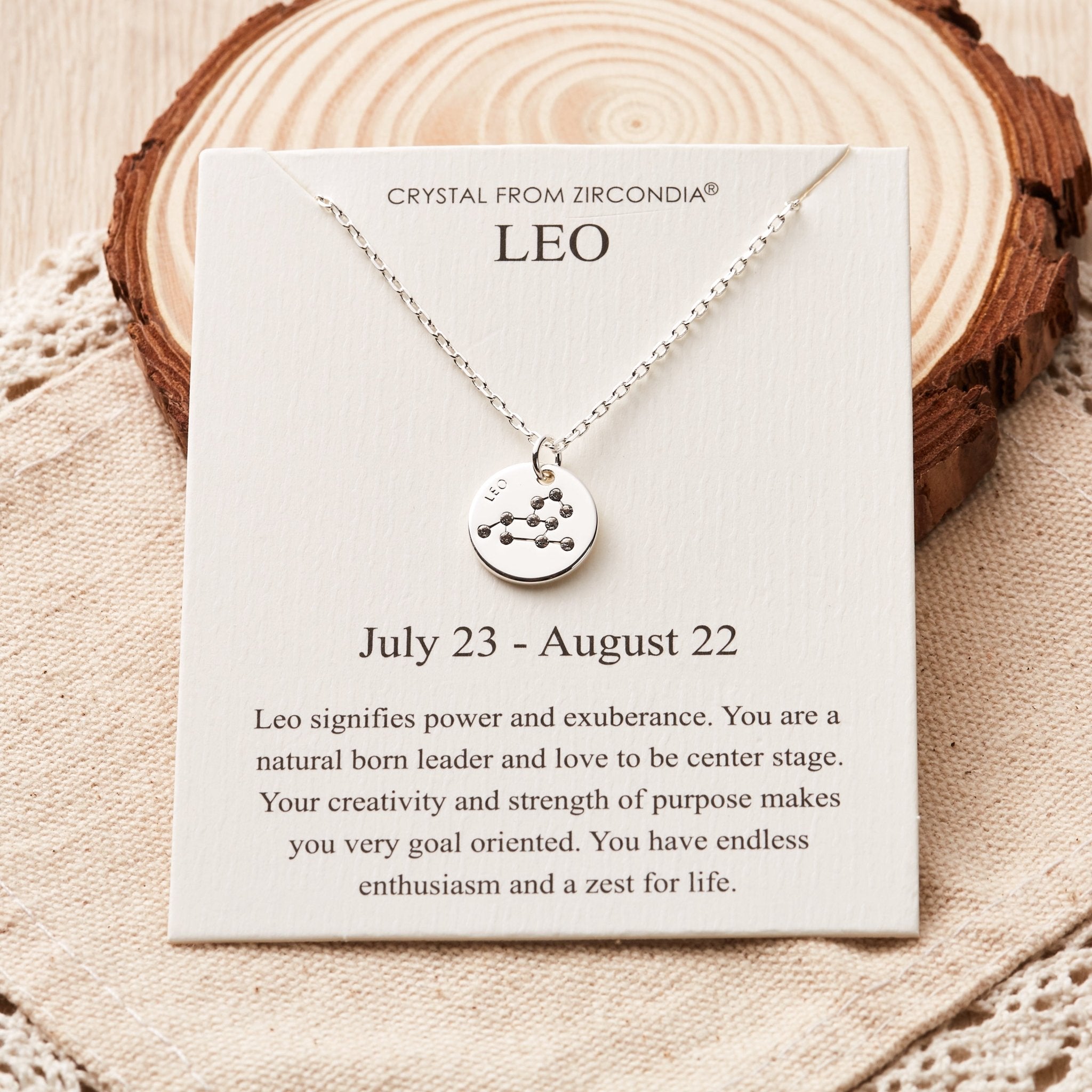 Rhodium Plated Leo Zodiac Star Sign Disc Necklace Created with Zircondia® Crystals - Philip Jones Jewellery