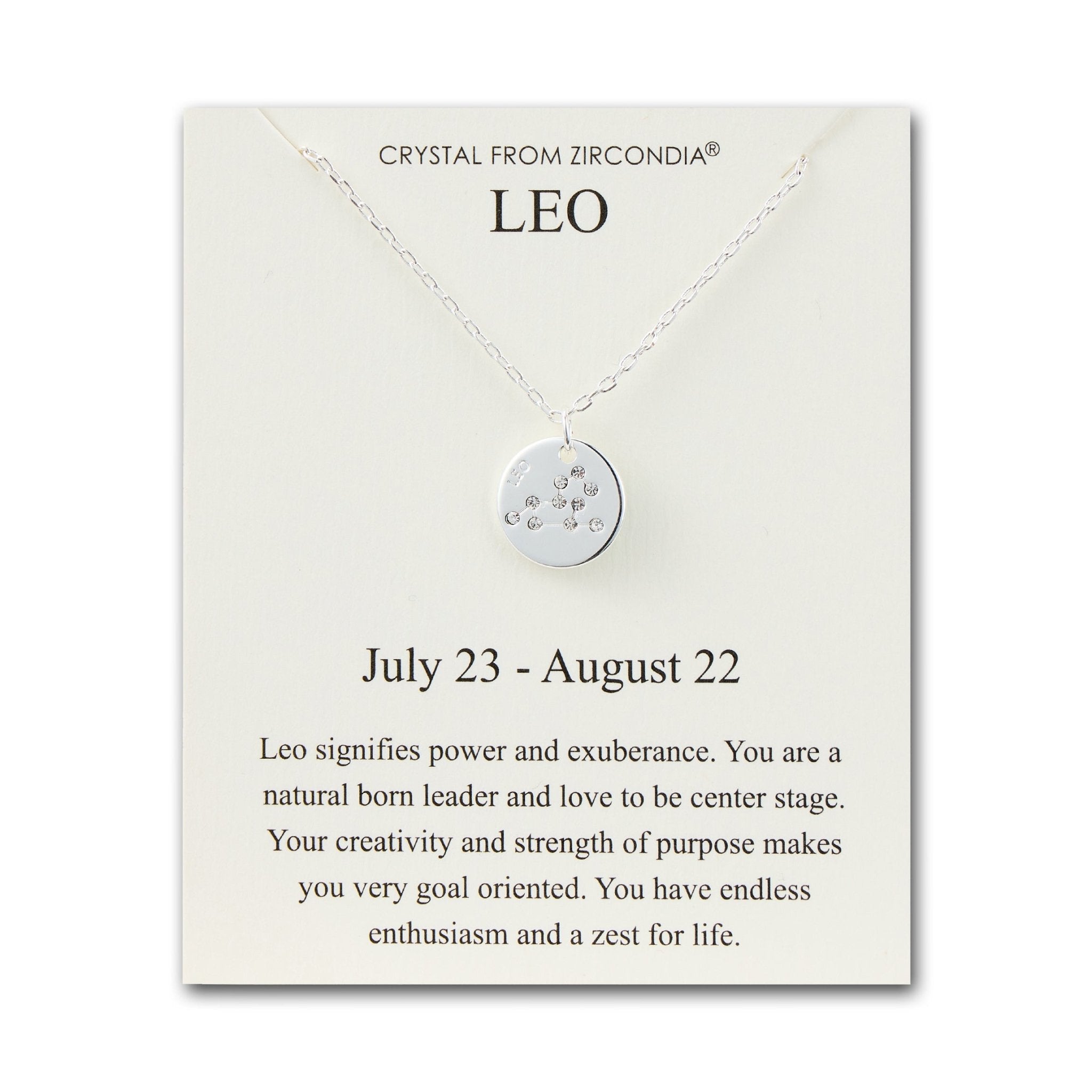 Rhodium Plated Leo Zodiac Star Sign Disc Necklace Created with Zircondia® Crystals - Philip Jones Jewellery