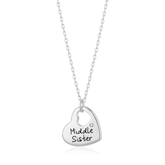 Rhodium Plated Middle Sister Heart Necklace Created with Zircondia® Crystals - Philip Jones Jewellery