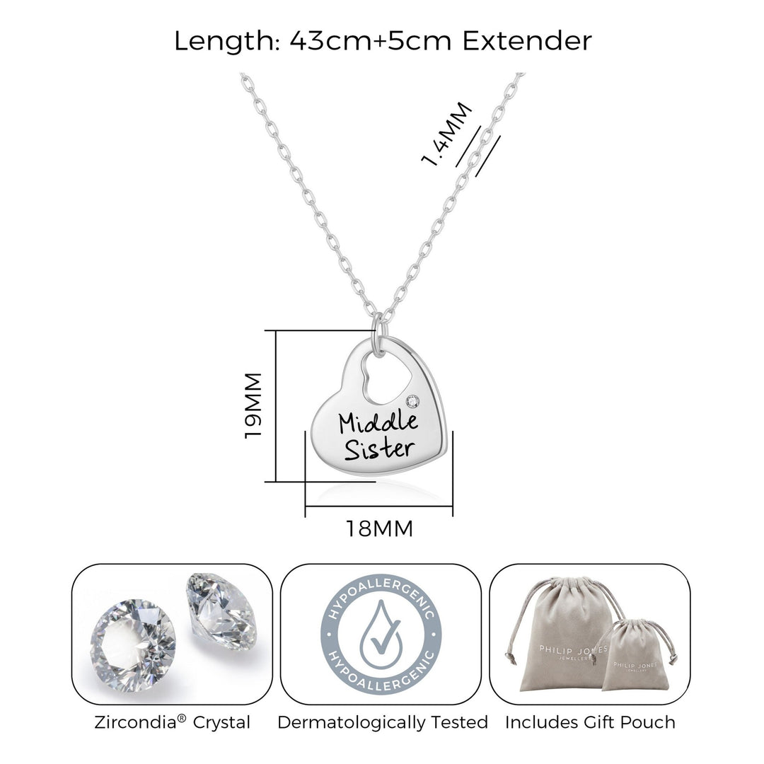 Rhodium Plated Middle Sister Heart Necklace Created with Zircondia® Crystals - Philip Jones Jewellery